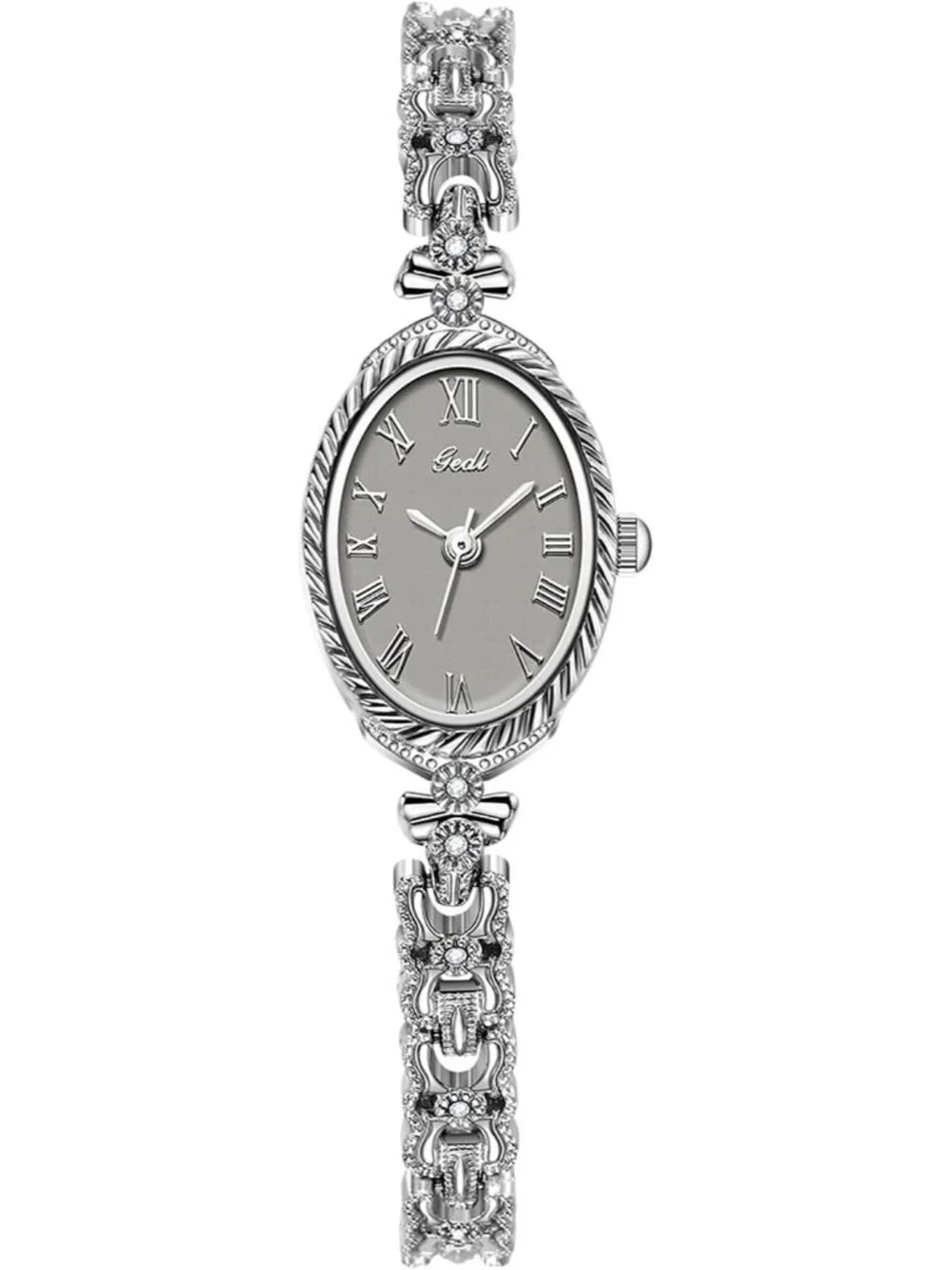 Women's Gray Vintage Dainty Oval Dress Roman Numeral Dial Analog Quartz Watch